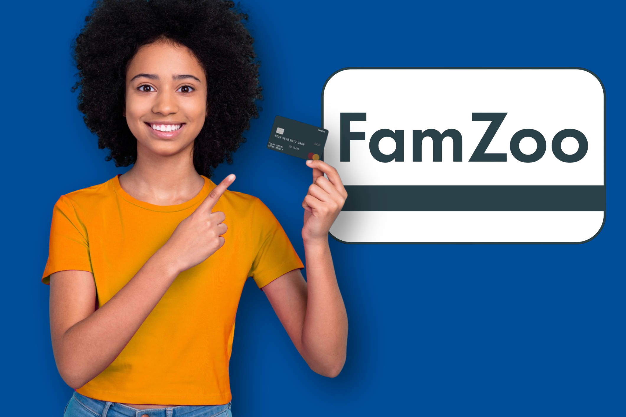Girl holding a FamZoo debit card